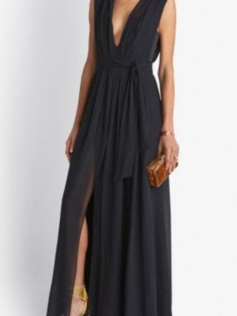 L’AGENCE Crepe Pleated Maxi Dress Deep V-Neck High Slit Tie Sash Belt Size 2